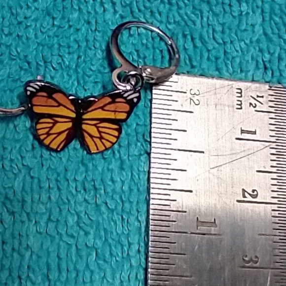Orange yellow black white butterfly wire dangle earrings - Picture 2 of 3